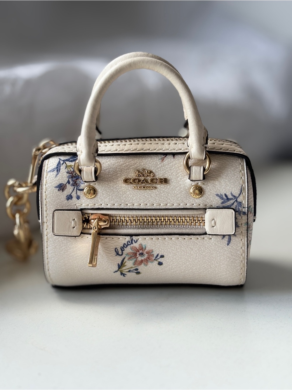 Coach Cream Floral Mini Satchel Keychain with Gold Hardware